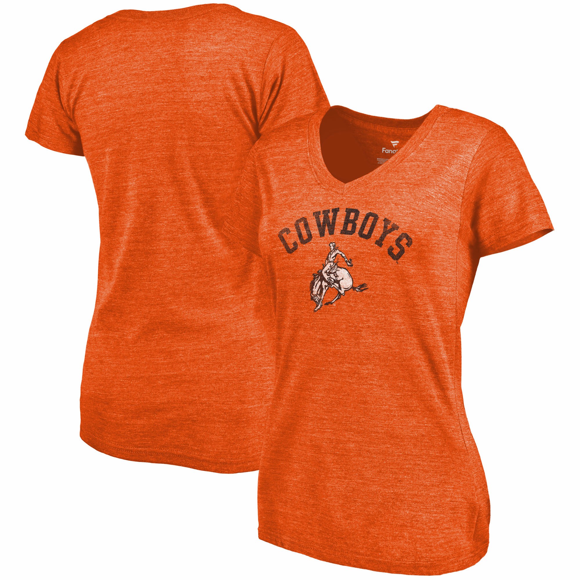 2020 NCAA Fanatics Branded Oklahoma State Cowboys Women Orange Vault Arch Over Logo TriBlend VNeck TShirt